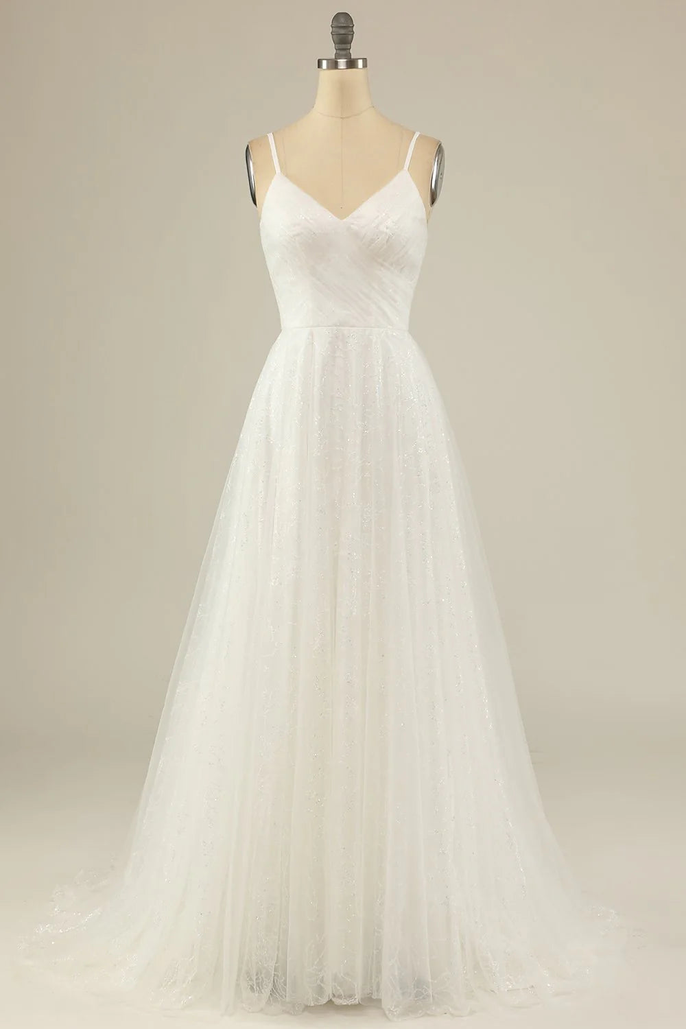 Abito da sposa bianco lungo fino a terra, con scollatura a V, spalline sottili e schiena scoperta